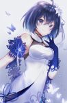  1girl bangs bare_shoulders blue_background blue_butterfly blue_eyes blue_gloves blue_hair bug butterfly china_dress chinese_clothes dress flower gloves hair_flower hair_ornament highres honkai_(series) honkai_impact_3rd komuer looking_at_viewer seele_vollerei seele_vollerei_(stygian_nymph) short_hair single_glove sleeveless sleeveless_dress solo white_background white_butterfly white_dress white_flower 