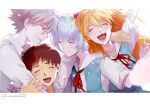  2boys 2girls :d ^_^ aqua_skirt arm_around_neck arm_up ayanami_rei blurry breasts brown_hair chromatic_aberration closed_eyes collarbone collared_shirt depth_of_field dress_shirt facing_viewer grey_hair group_hug hair_between_eyes hairpods hand_on_another&#039;s_arm happy hug ikari_shinji jitome laughing letterboxed light_blue_hair light_blush light_particles lineup long_hair looking_down marehito multiple_boys multiple_girls nagisa_kaworu neck_ribbon neon_genesis_evangelion open_mouth orange_hair pale_skin parted_lips profile red_eyes red_ribbon ribbon school_uniform shade shiny shiny_hair shirt short_hair sidelighting skirt small_breasts smile smirk souryuu_asuka_langley spiky_hair suspender_skirt suspenders teeth tokyo-3_middle_school_uniform twitter_username upper_teeth v-shaped_eyebrows white_shirt 