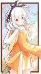  1girl alternate_costume arknights arms_up bangs chinese_commentary commentary_request cowboy_shot dress eyebrows_visible_through_hair grey_hair hair_ornament highres long_hair long_sleeves looking_at_viewer mirror orange_dress parted_lips red_eyes reflection solo weedy_(arknights) white_hair ziyu_zi_kong_fang 