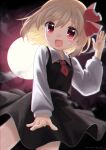  1girl :d absurdres backlighting blonde_hair blush_stickers darkness eyebrows_visible_through_hair eyes_visible_through_hair full_moon hair_ribbon hand_up highres long_sleeves looking_at_viewer marihal moon open_mouth red_eyes ribbon rumia shirt short_hair skirt skirt_set smile solo touhou vest 