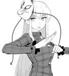  1girl bangs clenched_hand collared_dress dress eyebrows_visible_through_hair fox_mask frogsnake greyscale hands_up hata_no_kokoro long_hair long_sleeves looking_at_viewer mask mask_on_head monochrome parted_lips plaid plaid_dress sidelocks simple_background solo touhou upper_body white_background wing_collar 