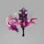  1girl bow_(weapon) floating grey_background highres holding holding_bow_(weapon) holding_weapon horns kindred_(league_of_legends) lamb_(league_of_legends) league_of_legends leg_up looking_at_viewer mask neona_gloom open_mouth pink_eyes sharp_teeth simple_background standing standing_on_one_leg teeth weapon wolf_(league_of_legends) 