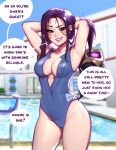  1girl adjusting_hair alternate_costume armpits bangs bare_shoulders blue_swimsuit blushy-pixy breasts collarbone commentary english_text facial_mark groin highres kai&#039;sa large_breasts league_of_legends long_hair looking_at_viewer outdoors ponytail purple_hair shiny shiny_hair shoulder_pads smile solo speech_bubble swimsuit violet_eyes 