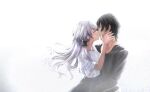  1boy 1girl black_hair braid game_cg hakuchuumu_no_aojashin hand_on_another&#039;s_face kaito_(hakuchuumu_no_aojashin) kiss long_hair non-web_source shimofuri shirt very_long_hair white_background white_hair white_shirt yonagi_(hakuchuumu_no_aojashin) 