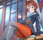  1girl arezu_(pokemon) crossed_legs diamond_clan_outfit grey_legwear hand_up highres holding holding_scissors long_sleeves looking_at_viewer multicolored_clothes multicolored_legwear pantyhose parted_lips pikapika pokemon pokemon_(game) pokemon_legends:_arceus pouch red_eyes red_legwear redhead scissors short_hair sitting smile solo thighs 