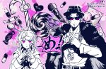  2boys amayado_rei amemura_ramuda bandaid bandaid_on_face bangs black_hair candy eyebrows_visible_through_hair food hat hypnosis_mic jacket jacket_on_shoulders jewelry lollipop microphone monochrome multiple_boys necklace parody pill pink_background short_hair style_parody tare7gasi_mi venom_(vocaloid) 
