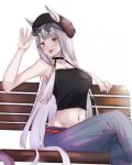  1girl :d alternate_costume animal_ears ash_kabon bangs bare_arms bare_shoulders belt bench beret black_headwear breasts camisole casual commentary_request crop_top ears_through_headwear eyebrows_visible_through_hair feet_out_of_frame gold_ship_(umamusume) grey_pants hand_up hat horse_ears large_breasts long_hair looking_at_viewer midriff navel open_mouth pants red_belt simple_background sitting smile solo stomach umamusume very_long_hair violet_eyes white_background white_hair 