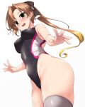  1girl akigumo_(kancolle) akigumo_kai_ni_(kancolle) alternate_costume black_ribbon black_swimsuit breasts brown_hair commentary_request competition_swimsuit covered_nipples from_below green_eyes grey_legwear hair_ribbon highleg highleg_swimsuit highres kantai_collection long_hair mole mole_under_eye multicolored_clothes multicolored_swimsuit one-piece_swimsuit ponytail purple_swimsuit ribbon small_breasts solo standing swimsuit thigh-highs two-tone_ribbon white_ribbon white_swimsuit yoshi_tama 
