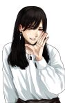  1girl black_hair earrings highres hoshi_san_3 jewelry long_hair long_sleeves looking_at_viewer mole mole_under_eye original shirt simple_background smile solo upper_body white_background white_shirt 