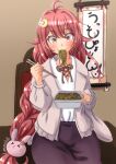  1girl ahoge bunny_hair_ornament crescent crescent_hair_ornament eating eyebrows_visible_through_hair food food_in_mouth hair_ornament holding holding_food holding_stick jacket kantai_collection long_hair long_sleeves nawohata noodles pink_eyes pink_hair pink_jacket purple_skirt shirt sitting skirt stick translation_request uzuki_(kancolle) white_shirt 