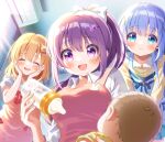 3girls :d ^_^ absurdres air_conditioner baby baby_bottle bangs blue_eyes blue_hair blush bottle bow breasts closed_eyes commentary_request day eyes_visible_through_hair gochuumon_wa_usagi_desu_ka? hair_between_eyes hair_bow hair_ornament hairclip hands_on_own_cheeks hands_on_own_face highres hoto_cocoa indoors kafuu_chino large_breasts leaning_forward long_hair long_sleeves mozukun43 multiple_girls open_mouth orange_hair ponytail puffy_short_sleeves puffy_sleeves purple_eyes purple_hair short_sleeves signature smile sunlight tedeza_rize white_bow x_hair_ornament
