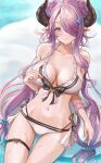  1girl absurdres bikini blue_eyes braid breasts breasts_apart butterfly_hair_ornament closed_mouth collarbone draph granblue_fantasy hair_ornament hair_over_one_eye highres horns huziko32 large_breasts long_hair looking_at_viewer narmaya_(granblue_fantasy) navel pink_hair pointy_ears smile solo swimsuit thigh_strap wet white_bikini 
