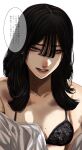  1girl black_bra black_hair bra breasts frilled_bra frills grey_eyes hair_between_eyes highres hoshi_san_3 long_hair looking_at_viewer mole mole_under_eye mole_under_mouth open_mouth original parted_lips shirt simple_background small_breasts translation_request underwear upper_body white_background white_shirt yamifuka-san_(hoshi_san_3) 