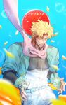 1boy battle_tendency blonde_hair blood blood_on_face blue_jacket caesar_anthonio_zeppeli closed_mouth facial_mark feather_hair_ornament feathers fingerless_gloves gloves hair_ornament jacket jojo_no_kimyou_na_bouken male_focus mubebe_0p no_headwear petals pink_scarf scarf sky solo 