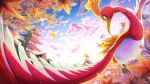  absurdres bird blurry building closed_mouth clouds commentary_request day falling_leaves flying highres ho-oh leaf looking_back no_humans outdoors pokemon pokemon_(creature) red_eyes ririri_(user_rkrv7838) sky smile solo tower tree 