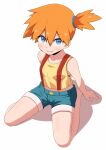  1girl arm_support bangs barefoot blue_eyes blush commentary_request eyebrows_visible_through_hair full_body green_shorts grin hair_between_eyes highres kurachi_mizuki looking_at_viewer misty_(pokemon) orange_hair pokemon pokemon_(anime) pokemon_(classic_anime) shirt short_hair short_shorts shorts side_ponytail sitting sleeveless sleeveless_shirt smile solo suspenders teeth yellow_shirt 