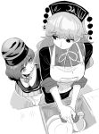  2girls apron bangs bare_shoulders breasts choker dishwashing downblouse dress foreshortening frogsnake greyscale hecatia_lapislazuli height_difference junko_(touhou) long_hair looking_at_another medium_breasts medium_hair monochrome multiple_girls phoenix_crown pleated_skirt polos_crown simple_background sink skirt sleeves_rolled_up tabard thighs touhou white_background 
