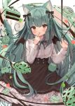  1girl animal_ears bangs bat_wings black_bow black_dress bow brown_eyes cake cat_ears chocolate_mint dress finger_to_mouth food goma_(u_p) green_hair hair_bow heart highres long_hair long_sleeves looking_at_viewer original solo spoon wings 