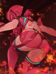  1girl ass back breasts f_1chan fire from_behind glowing large_breasts midriff one_knee pyra_(xenoblade) redhead shorts suspender_shorts suspenders thigh-highs xenoblade_chronicles_(series) xenoblade_chronicles_2 