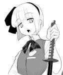  1girl bangs blunt_bangs bob_cut bow collared_shirt eyebrows_visible_through_hair frogsnake greyscale hair_bow hairband holding holding_sword holding_weapon inverted_bob katana konpaku_youmu looking_at_viewer monochrome open_mouth shirt short_hair solo sword touhou upper_body vest weapon 