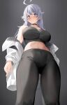  1girl absurdres ahoge bare_shoulders black_background black_choker black_pants black_shirt blue_eyes blush breasts choker commission crop_top foreshortening from_below grey_hair hair_flaps highres jacket kiro_(kirotayu) large_breasts leggings long_hair long_sleeves looking_at_viewer looking_down midriff navel off_shoulder open_clothes open_jacket original pants priana second-party_source shirt simple_background sleeveless sleeveless_shirt solo standing stomach tank_top white_jacket 