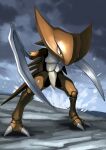  claws clouds cloudy_sky commentary_request grey_eyes highres kabutops no_humans outdoors pokemon pokemon_(creature) sky solo spikes standing tesshii_(riza4828) water 