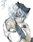  1boy animal_ears arknights bandaid bandaid_on_arms bear_boy bear_ears bishounen from_above grey_hair highres jaye_(arknights) jewelry kanji male_focus mask mask_pull necklace ring ring_necklace short_hair solo user_nemuiniwa 