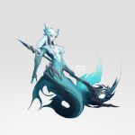  1girl alternate_costume artist_name bangs breasts closed_mouth colored_skin green_skin grey_background grey_hair highres holding holding_weapon league_of_legends long_hair medium_breasts mermaid monster_girl nami_(league_of_legends) neona_gloom no_pupils simple_background solo staff weapon 