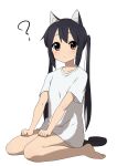  1girl absurdres animal_ears bangs barefoot black_hair blush brown_eyes cat_ears cat_tail closed_mouth collarbone commentary_request full_body highres k-on! kicchi_(tmgk) long_hair looking_at_viewer nakano_azusa no_pants seiza shirt short_sleeves simple_background sitting solo tail twintails wariza white_background white_shirt 