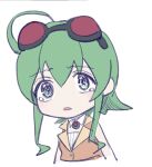  1girl bare_arms brooch detached_collar goggles goggles_on_head green_eyes green_hair gumi jewelry medium_hair orange_vest parted_lips red_goggles sidelocks sketch solo tears upper_body vest vocaloid white_background wounds404 