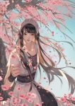  1girl absurdres blue_sky branch brown_hair chinese_clothes duanmu_rong_(qin_shi_ming_yue) flower hairband highres looking_down outstretched_hand petals qin_shi_ming_yue rongyan sky solo tree upper_body 