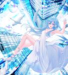  1girl absurdres armpits bangs bare_legs bare_shoulders barefoot bird blue_eyes blue_footwear blue_hair blue_nails blush breasts bubble dress goose high_heels highres large_breasts long_hair looking_at_viewer original parted_bangs shiiyou solo white_dress 