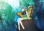  1girl antennae aqua_hair barefoot blush butterfly_wings closed_mouth dress eternity_larva fairy green_dress hair_between_eyes jemen leaf leaf_on_head multicolored_clothes multicolored_dress short_hair short_sleeves sitting smile solo touhou tree unfinished wings yellow_eyes 