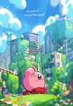  absurdres blue_eyes blue_sky blush building copyright_name day highres kirby kirby_(series) kirby_and_the_forgotten_land moss no_humans one_eye_closed outdoors parted_lips post-apocalypse rariatto_(ganguri) sky skyscraper solo standing 