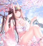  1girl bangs bare_shoulders barefoot blue_sky blunt_bangs bow breasts brown_hair cherry_blossoms collarbone highres horns japanese_clothes kimono long_hair looking_at_viewer obi oni_horns original petals red_eyes sash shiiyou sitting sky solo sunlight white_bow 
