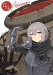  1girl alternate_costume anniversary armor bangs blush closed_mouth eyebrows_visible_through_hair gauntlets girls_frontline grey_hair hand_up highres kion-kun light_purple_eyes long_hair m200_(girls&#039;_frontline) simple_background smile solo standing upper_body 