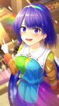  1girl absurdres blue_eyes blue_hair blurry blurry_background breasts cloak day dress headband highres long_sleeves looking_at_viewer medium_breasts medium_hair open_mouth patchwork_clothes pointing pouch rainbow smile sunlight tenkyuu_chimata touhou unconnected_marketeers yosshy 