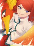  1boy alternate_color bird blurry closed_mouth commentary_request hana_e_(ka_e0128) highres ho-oh jacket long_hair looking_to_the_side male_focus orange_hair pants pokemon pokemon_(game) pokemon_masters_ex red_pants silver_(pokemon) smile violet_eyes white_jacket yellow_belt 