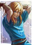  1boy antenna_hair blonde_hair blue_eyes blue_tunic commentary_request gloves hair_between_eyes highres link long_hair looking_at_viewer male_focus master_sword mouth_hold pointy_ears sakuya_996 solo standing the_legend_of_zelda the_legend_of_zelda:_breath_of_the_wild tunic 