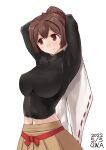  1girl artist_name black_shirt brown_eyes brown_hair brown_hakama commentary_request dated hair_ribbon hakama highres ise_(kancolle) ise_kai_ni_(kancolle) japanese_clothes kantai_collection looking_to_the_side navel one-hour_drawing_challenge owa_(ishtail) ponytail ribbon shirt shirt_removed short_hair simple_background solo undershirt upper_body white_background 