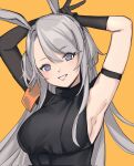  1girl animal_ears arknights arm_strap armpits arms_up asymmetrical_gloves bare_shoulders black_gloves breasts commentary_request gloves grey_eyes grey_hair highres large_breasts long_hair mmm_ma_pmpm rabbit_ears savage_(arknights) simple_background sleeveless solo two_side_up upper_body very_long_hair yellow_background 