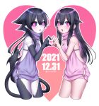  2girls backless_outfit black_hair black_sclera black_skin bright_pupils colored_sclera colored_skin cowboy_shot demon_girl demon_wings gradient gradient_background hair_between_eyes hair_ears heart heart_background heart_hands heart_hands_duo lizard_tail long_hair looking_at_viewer low_wings meme_attire monster_girl monsterification multicolored_skin multiple_girls multiple_tails open_mouth original pink_background pink_eyes pink_sweater pointy_ears purple_sweater rtsusk09 short_hair_with_long_locks sweater tail turtleneck turtleneck_sweater twitter_username two_tails virgin_killer_sweater white_pupils white_skin wings 