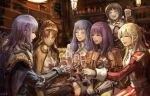  6+girls acolyte_(ragnarok_online) alcohol armor bandana bangs blonde_hair blue_cape blue_hair bra braid brown_capelet brown_dress brown_hair brown_headwear brown_jacket cape capelet champagne champagne_flute chest_guard closed_mouth commentary cowboy_shot cross crusader_(ragnarok_online) cup dress drinking_glass elvafirst english_commentary floral_print french_braid gauntlets green_eyes grin high_priest_(ragnarok_online) highres jacket juliet_sleeves long_hair long_sleeves looking_at_another mage_(ragnarok_online) multiple_girls open_mouth pauldrons puffy_sleeves purple_hair ragnarok_online red_dress rose_print sash short_hair shoulder_armor shrug_(clothing) smile swordsman_(ragnarok_online) thief_(ragnarok_online) toast_(gesture) two-tone_dress underwear white_bra white_capelet white_dress white_sash 