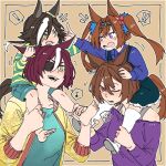  ! 4girls agnes_tachyon_(umamusume) animal_ears asuka_(junerabitts) bangs barefoot blue_shirt boots brown_hair carrying child daiwa_scarlet_(umamusume) ear_grab eyepatch green_shirt green_shorts horse_ears horse_girl horse_tail jacket leg_grab long_sleeves motion_lines multicolored_hair multiple_girls musical_note notice_lines off-shoulder_shirt off_shoulder one_eye_closed open_mouth outstretched_arm overall_skirt purple_hair purple_shirt red_eyes shirt short_hair shorts shoulder_carry smile spoken_exclamation_mark spoken_musical_note striped striped_shirt tail tanino_gimlet_(umamusume) tiara twintails two-tone_hair umamusume violet_eyes vodka_(umamusume) yellow_eyes yellow_footwear yellow_jacket younger 