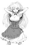  1girl armpits breasts conte_di_cavour_(kancolle) conte_di_cavour_nuovo_(kancolle) dress eyebrows_visible_through_hair feet_out_of_frame greyscale hands_in_hair highres kantai_collection large_breasts layered_dress long_hair looking_at_viewer monochrome open_mouth shingyou_(alexander-13) short_sleeves simple_background smile solo white_background 