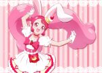  1girl animal_ears bow bowtie cake_hair_ornament choker collarbone cure_whip dress extra_ears food-themed_hair_ornament fuchi_(nightmare) gloves hair_ornament kirakira_precure_a_la_mode long_hair magical_girl open_mouth pink_bow pink_bowtie pink_choker pink_eyes pink_hair precure puffy_short_sleeves puffy_sleeves rabbit_ears short_sleeves smile solo twintails usami_ichika white_dress white_gloves 