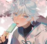  1boy bangs black_gloves blush chongyun_(genshin_impact) english_commentary fingerless_gloves food genshin_impact gloves highres hood hood_down jianli licking light_blue_eyes light_blue_hair looking_at_viewer male_focus petals popsicle portrait signature solo 