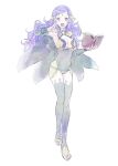  1girl asymmetrical_bangs bangs bodystocking book breasts bridal_gauntlets cape covered_navel fire_emblem fire_emblem_fates full_body grey_eyes holding holding_book holding_weapon long_hair medium_breasts ophelia_(fire_emblem) osca pantyhose purple_hair thigh-highs weapon 