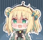  1girl amano_pikamee black_hairband blush_stickers chibi commentary controller dress english_commentary game_controller green_dress green_eyes green_hair hairband holding holding_controller holding_game_controller kukie-nyan multicolored_hair scared sharp_teeth solo streaked_hair teeth trembling twitter_username upper_teeth virtual_youtuber voms 
