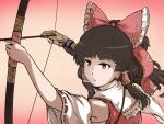  1girl archery_shooting_glove arrow_(projectile) black_hair bow eyebrows gloves hakurei_reimu japanese_clothes kakera_(comona_base) long_hair miko red_eyes red_ribbon ribbon touhou 